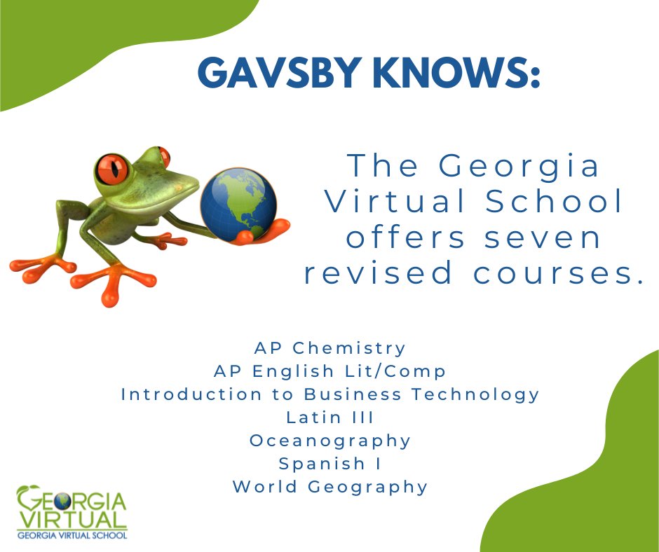 The Georgia Virtual School mascot Gavsby knows that GaVS is offering seven revised courses for the 2024-2025 school year.

Learn more about the specific courses that are offered at gavirtualschool.org/Course-Info/Fa… and visit gavs.geniussis.com/PublicWelcome.… to sign up.