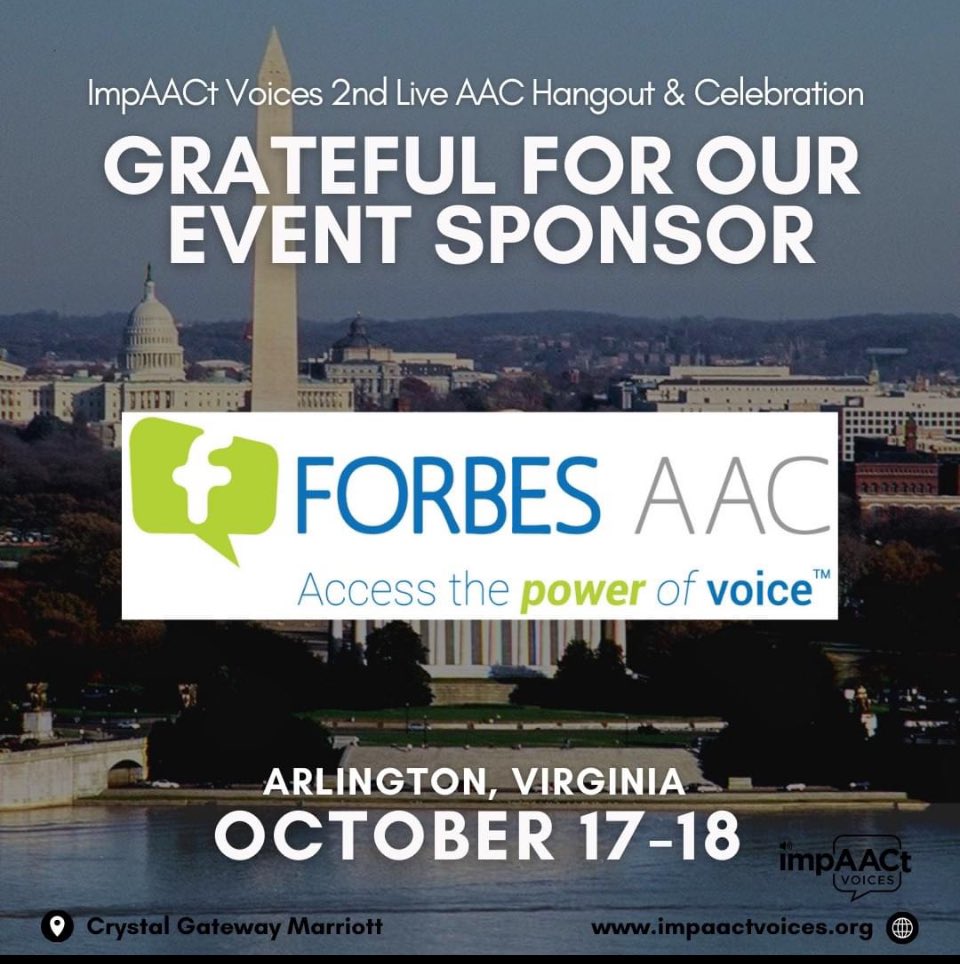 ImpAACt_Voices's tweet image. Grateful to @aac_forbes for sponsoring  #IVLive2024! Your support #amplifies the voices of AAC users and equal opportunities for all.

Get your tickets now:
Registration 24 | Impaactvoices

#BuildingFuturesTogether
#AACCommunity #CommunicationMatters #AT #ActuallyAAC #AACusers