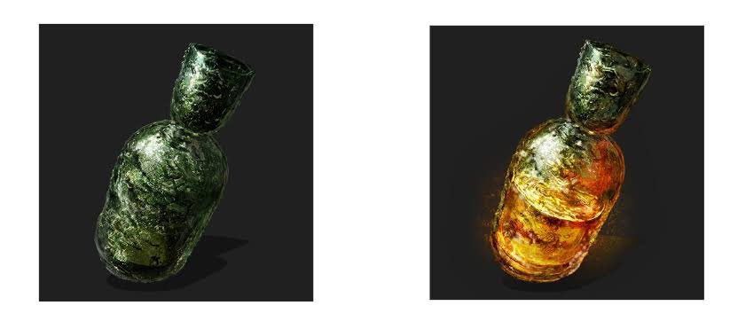 ダークソウルのエスト瓶は緑色のガラス瓶にオレンジ色のなにかが溜まっ