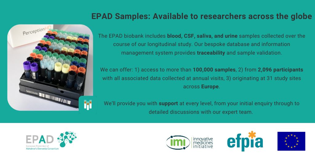 The <a href="/IMI_EPAD/">EPAD</a> biobank includes blood, CSF, saliva and urine samples collected over the course of our longitudinal study.

Interested in applying for sample access? Visit our website: ep-ad.org

#TimeToActOnDementia #TimeToActOnAlzheimers #WorldAlzMonth