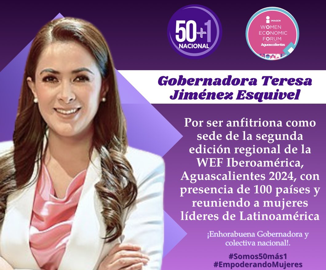 La Directiva Nacional 50+1 felicita a la Gobernadora <a href="/TereJimenezE/">Tere Jiménez</a> por ser anfitriona en la 2da. edición regional de la <a href="/WEFIberoamerica/">WEF Iberoamérica</a> #Aguascalientes2024 con presencia de 100 países y reuniendo a mujeres líderes de Latinoamérica.Enhorabuena!
#DeLaPalabraALaAcción
#Somos50más1