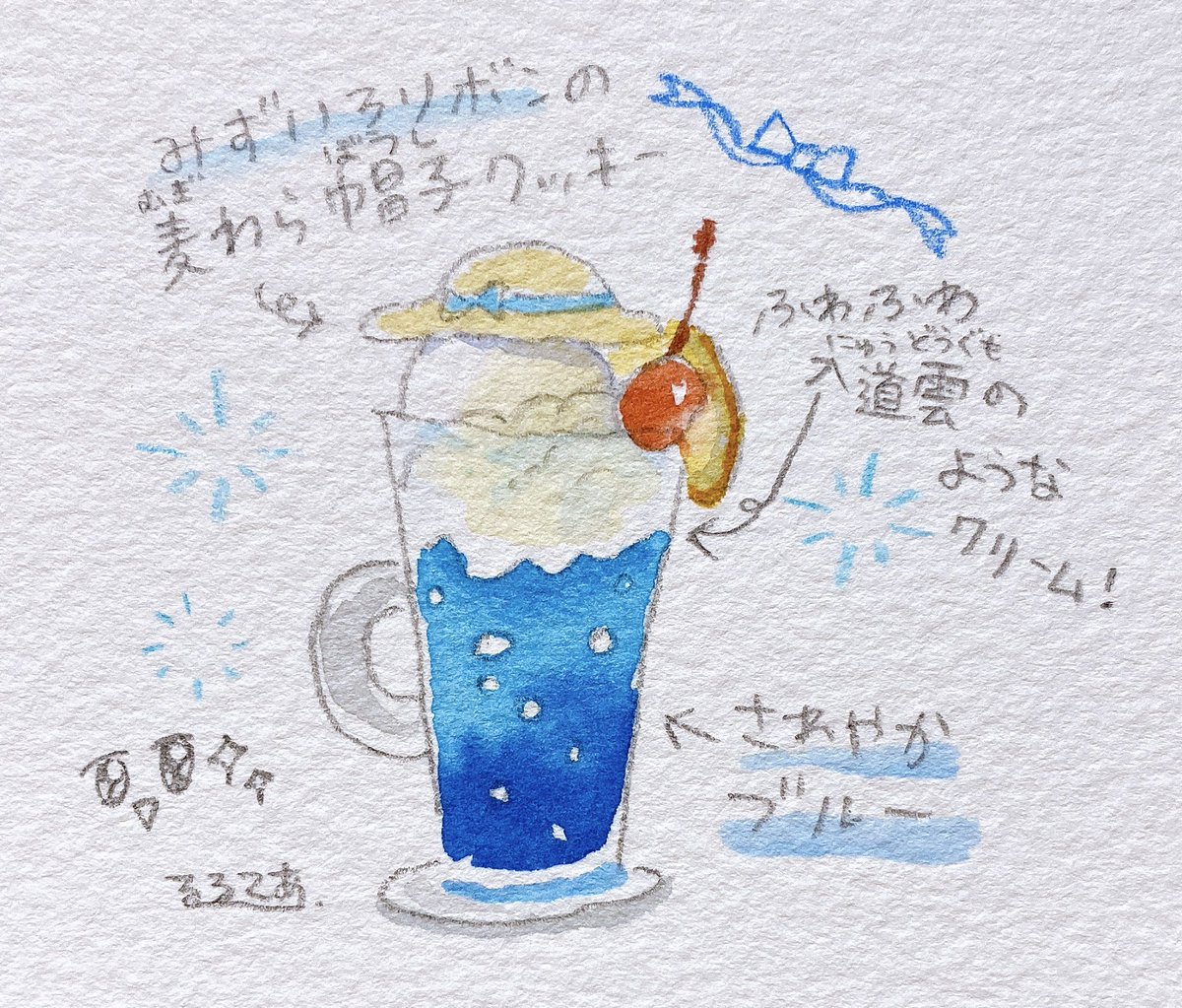 「コウペンちゃん展が開催されている筆の里工房さん。 併設されているカフェのクリーム」|るるてあのイラスト