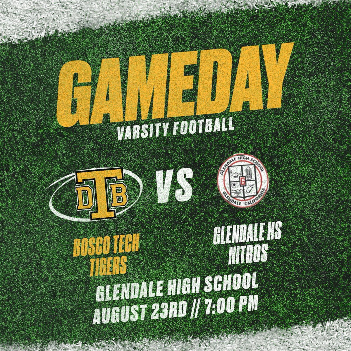 BoscoTechFB's tweet photo. It is GAMEDAY‼️Get ready to cheer for the Tigers at Glendale High School this Friday, August 23rd, at 7 PM! Friday Night Lights is here, kicking off week 0 with an exciting matchup against Glendale.  #BeBetter #DTBFootball https://t.co/x0AZwpwyjO