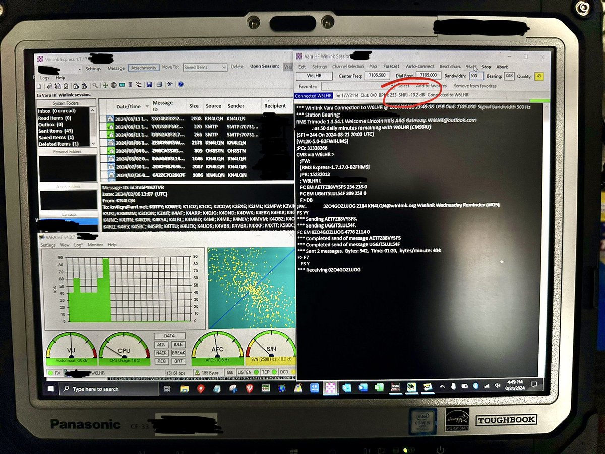 Blue_Collar_Ham's tweet photo. I was able to receive a message and send two messages directly to two different phones via Winlink with a SNR of -10. Something not possible via SSB voice. This is your reminder to explore Winlink and practice it. It is a very valuable and useful tool #Winlink #Digital #EmComms #Hamradio #Radio #RF #email #asynchronous