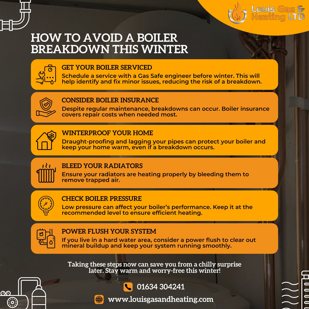 Protect Your Home From Unexpected Boiler Issues with Louis Gas &amp;amp; Heating LTD!
Upgrade your boiler today for a warmer, more efficient home. Avoid unexpected breakdowns this winter and save on energy bills.
Call us: 01634 304241
Message us: info@louisgasandheating.com
