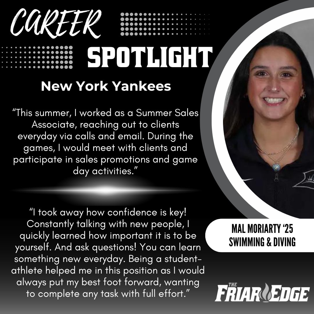 Providence College Student Athlete Development (@thefriaredge) on Twitter photo 🏅Friar Friday Career Spotlight 🏅
Today we are spotlighting Mal Moriarty from <a href="/swimpc1/">John ONeill</a> for her internship with the NY Yankees.⚾ Great job Mal! 🔥
Friar SA’s: Link in bio to be spotlighted next!🔗 🏅Friar Friday Career Spotlight 🏅
Today we are spotlighting Mal Moriarty from <a href="/swimpc1/">John ONeill</a> for her internship with the NY Yankees.⚾ Great job Mal! 🔥
Friar SA’s: Link in bio to be spotlighted next!🔗