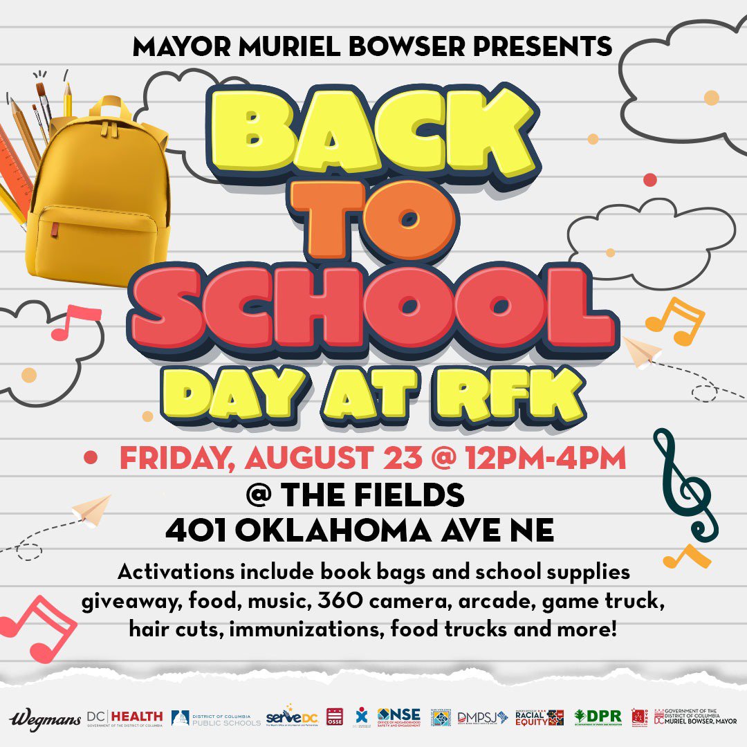 dcpublicschools's tweet image. Join @MayorBowser&apos;s Back to School Day at RFK!🎒

Today, families can enjoy giveaways, food, activities, music, and more. Students can also receive free haircuts and immunizations. Get ready for the new school year! #BackToDCPS

🗓️Friday, August 23
⏰12:00-4:00 p.m.
📍RFK Fields