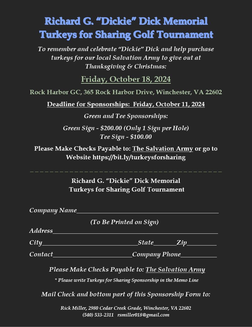 Turkeys for Sharing Golf Tournament is being held at Rock Harbor on Friday, October 18, 2024! The goal is to raise over 400 turkeys!!
Below are the required forms. 🏌️‍♂️🩷🏌️‍♂️