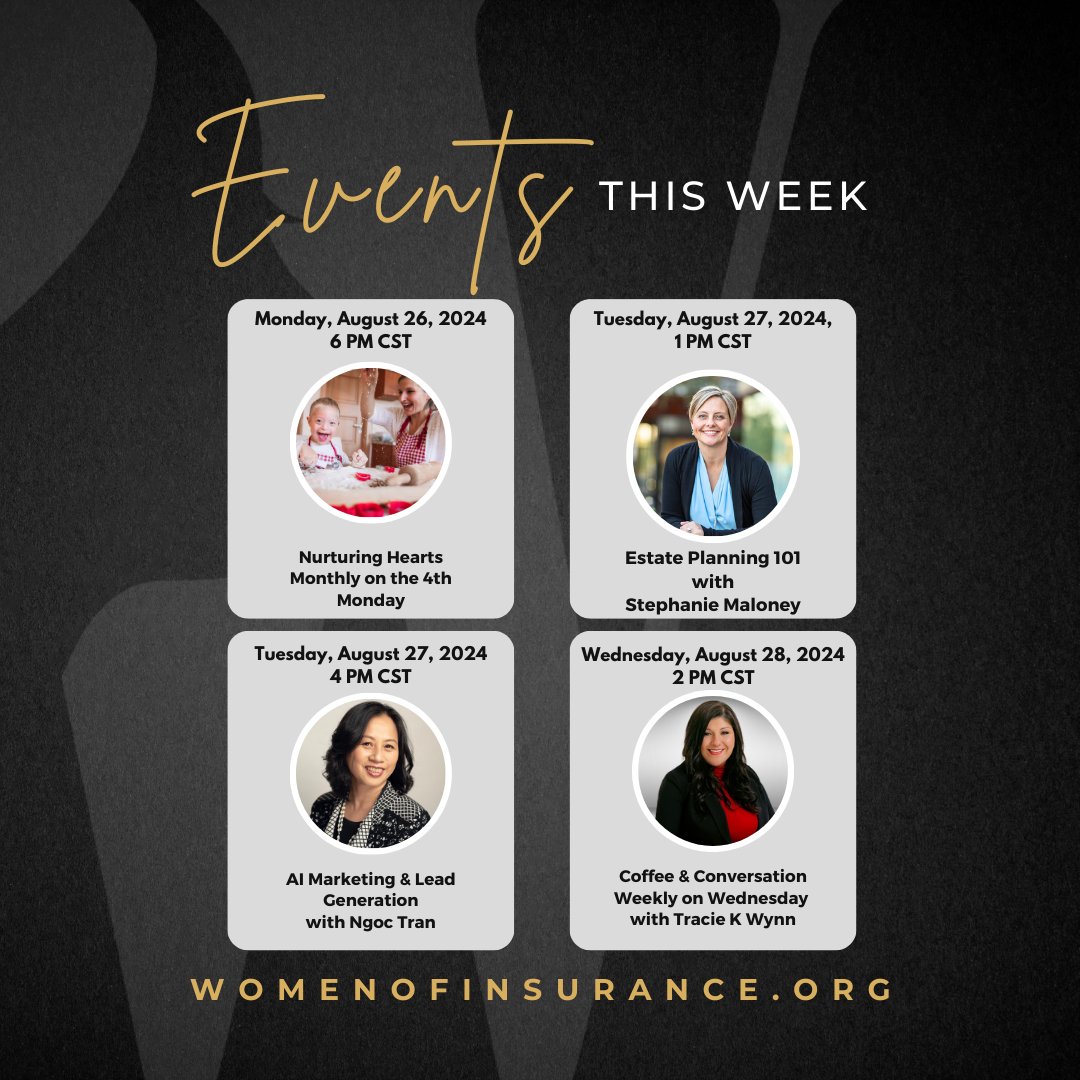 wmnofinsurance's tweet image. Save the Dates for This Week&apos;s Training and Events!

ACTIVE TRAINING MEMBERSHIP OR CHAPTER MEMBERSHIP IS REQUIRED TO ATTEND.

Visit womenofinsurance.org/membership to subscribe or apply for access.

#womenofinsurance #MonthlyEvent #recurringevents #ProfessionalDevelopment