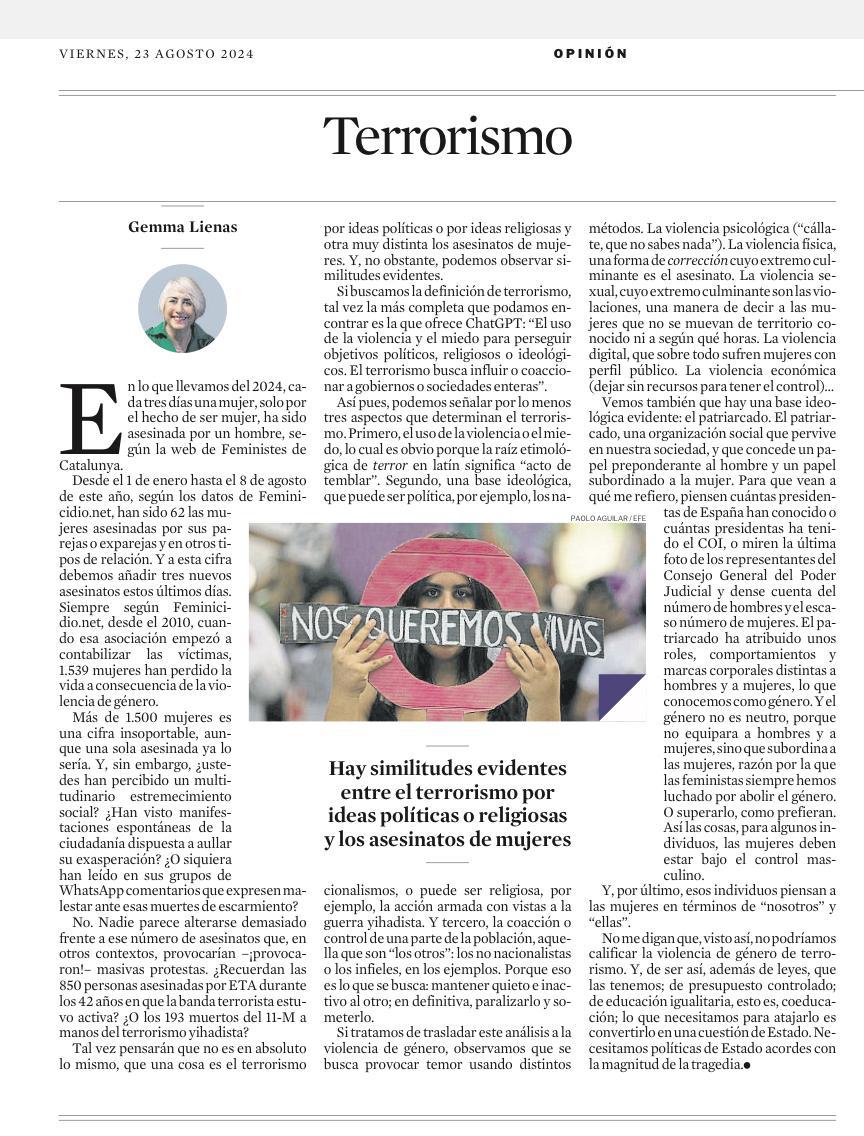 A 23 de agosto, 63 mujeres y 11 menores han sido asesinados en España por violencia machista. Más de 1.500 víctimas desde 2010. Esta violencia específica, como el terrorismo, busca controlar y someter. Es hora de tratarla como una cuestión de Estado. @gemmalienas  <a href="/IgualdadGob/">Ministerio de Igualdad</a>