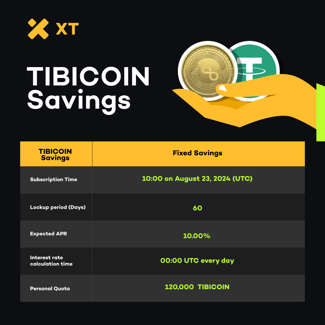 XTexchange's tweet photo. 📣 #XT Fixed Savings - #TIBICOIN Subscription Event #XTEarn @tibicoin
⏰ Activity Time: 10:00 on August 23, 2024 (UTC)
Subscription Details:
💎 Personal Quota: 120,000 TIBICOIN
💎 Expected APR: 10%
💎 Duration: 60 days
💎 Interest Rate Calculation Time: 00:00 UTC every day
➡️ Subscription Channel:
https://t.co/ixlvFu2Sqz
Details ⤵️ :
https://t.co/9DRgQTjdQA