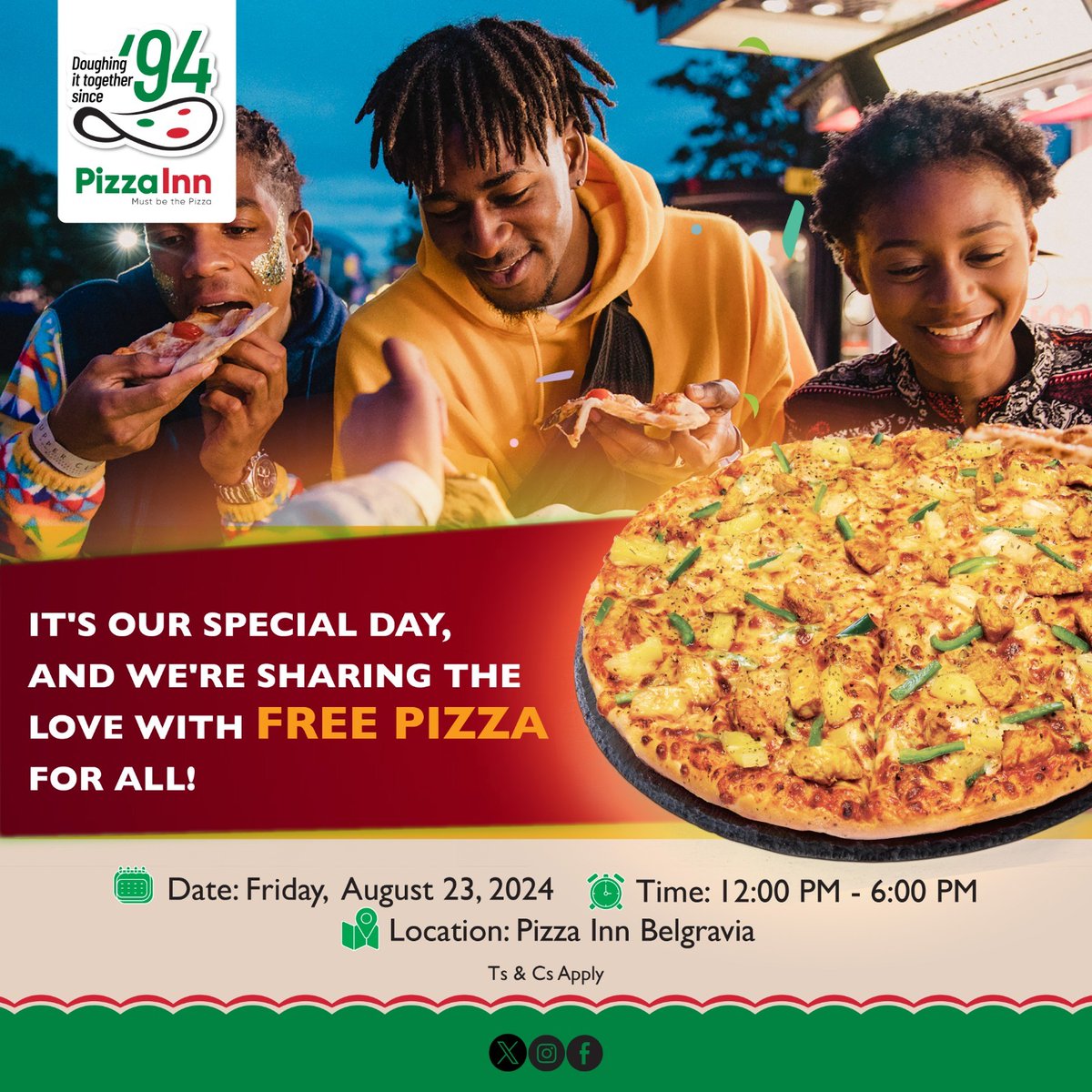 SimbisaBrands's tweet photo. Pizza Inn Zimbabwe is turning 30 years old, and you're invited to the celebration ๐
#SimbisaBrands #ToEmpower #ToStrengthen #PizzaInn #MustBeThePizza https://t.co/4y5OezTvma