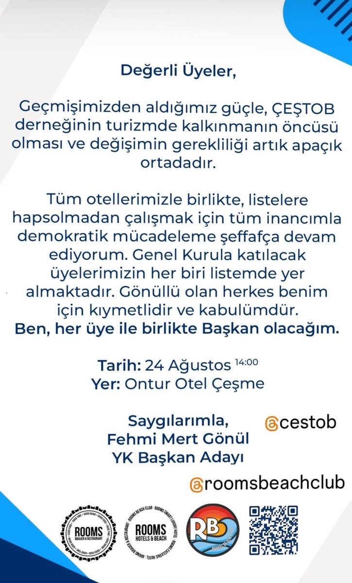 fehmimertgonul's tweet photo. Ben, her üye birlikte Başkan olacağım!

#çeştob #çeşme #alaçatı #turizm #fehmimertgönül https://t.co/xJEhVzlTM7