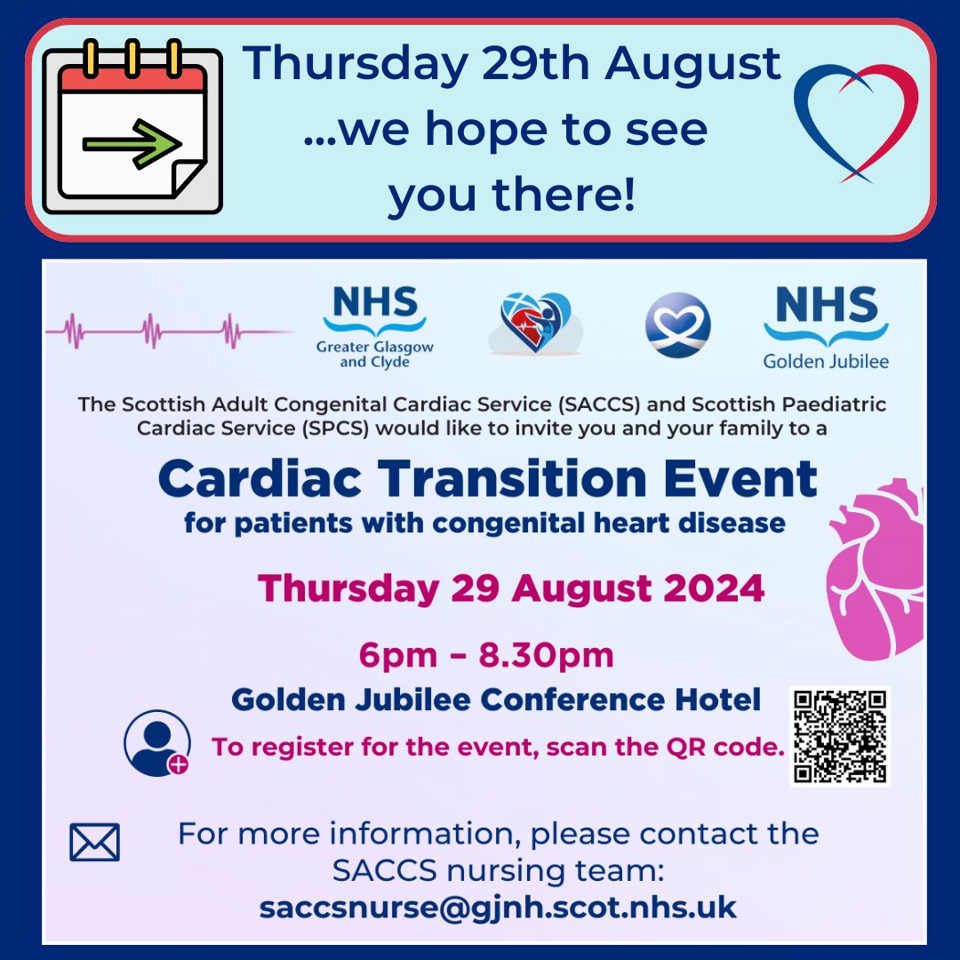 HeartSomerville's tweet photo. Are you approaching transition to Adult Services?
Join the Scottish Adult Congenital Cardiac Service #SACCS & Scottish Paediatric Cardiac Service #SPCS on 29th August.
Meet the team and find out what transition is all about!
Book a place: https://t.co/WpsjIXL7qH https://t.co/HZ1IxaM3EC