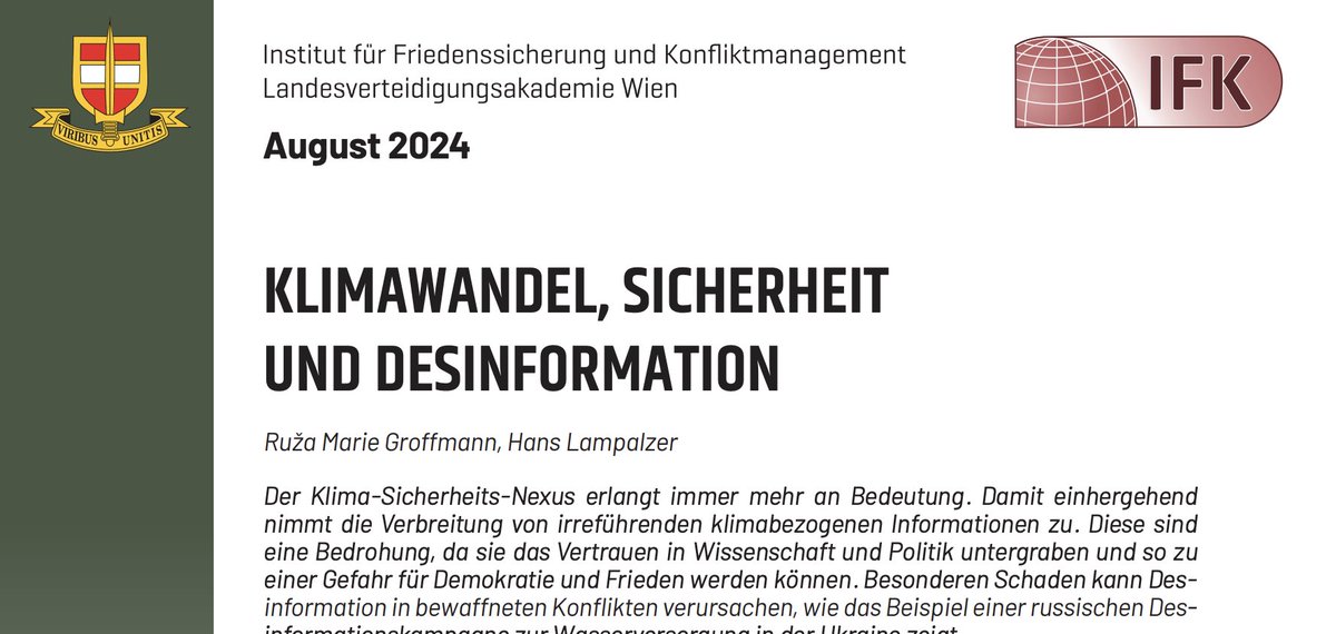 オーストリア国立防衛アカデミーは、「気候変動、安全保障、偽情報」に関する非常に読みやすいテキストを出版しました。
以下は中心的な派生からの引用です:
🧵
(1/7)