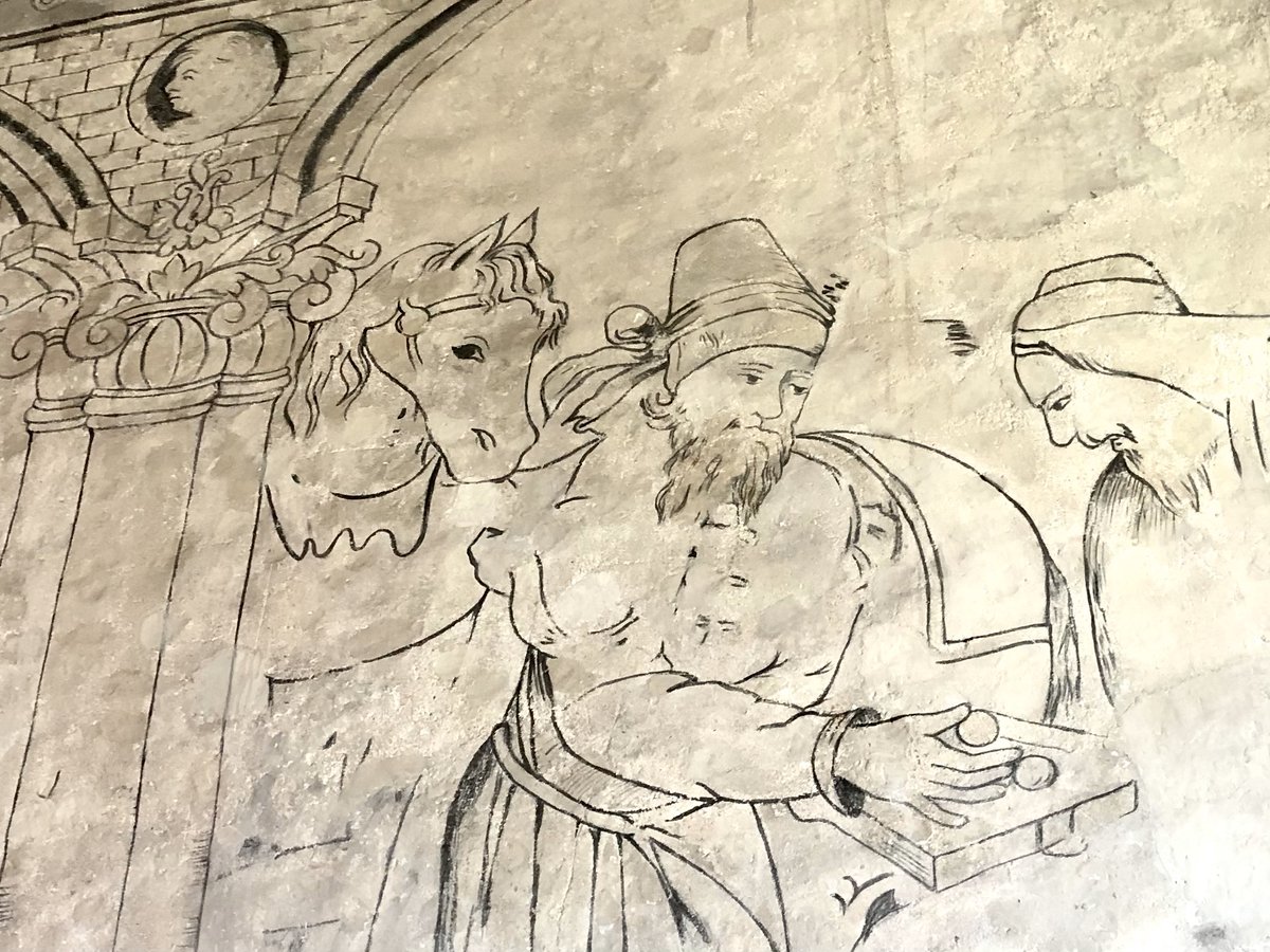 Join tours in Kinneil House <a href="/welovehistory/">Historic Scotland</a> tomorrow (see other posts for details): view its unique 16/17C wall paintings - here in 'Parable Room' is Good Samaritan handing over two coins to innkeeper, asking him to take care of wounded man