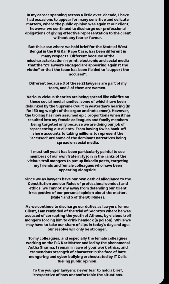 This is the India a young and bright lawyer is seeing. 
He is one of the 21 lawyers representing State of West Bengal in RG Kar Case.

Shame on us.