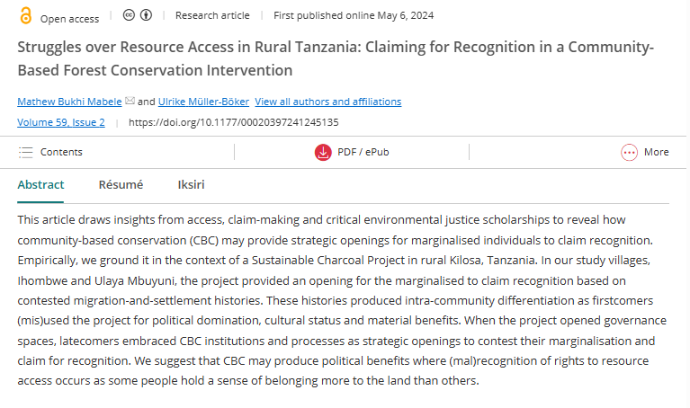Africa Spectrum (@africaspectrum) on Twitter photo 7⃣<a href="/MBMabele/">Mathew Bukhi Mabele</a> and Ulrike Müller-Böker's (<a href="/UZH_en/">University of Zurich</a>) reveal how community-based conservation in Kilosa, Tanzania, empowers marginalised individuals to contest and access resources.
👉doi.org/10.1177/000203… 7⃣<a href="/MBMabele/">Mathew Bukhi Mabele</a> and Ulrike Müller-Böker's (<a href="/UZH_en/">University of Zurich</a>) reveal how community-based conservation in Kilosa, Tanzania, empowers marginalised individuals to contest and access resources.
👉doi.org/10.1177/000203…