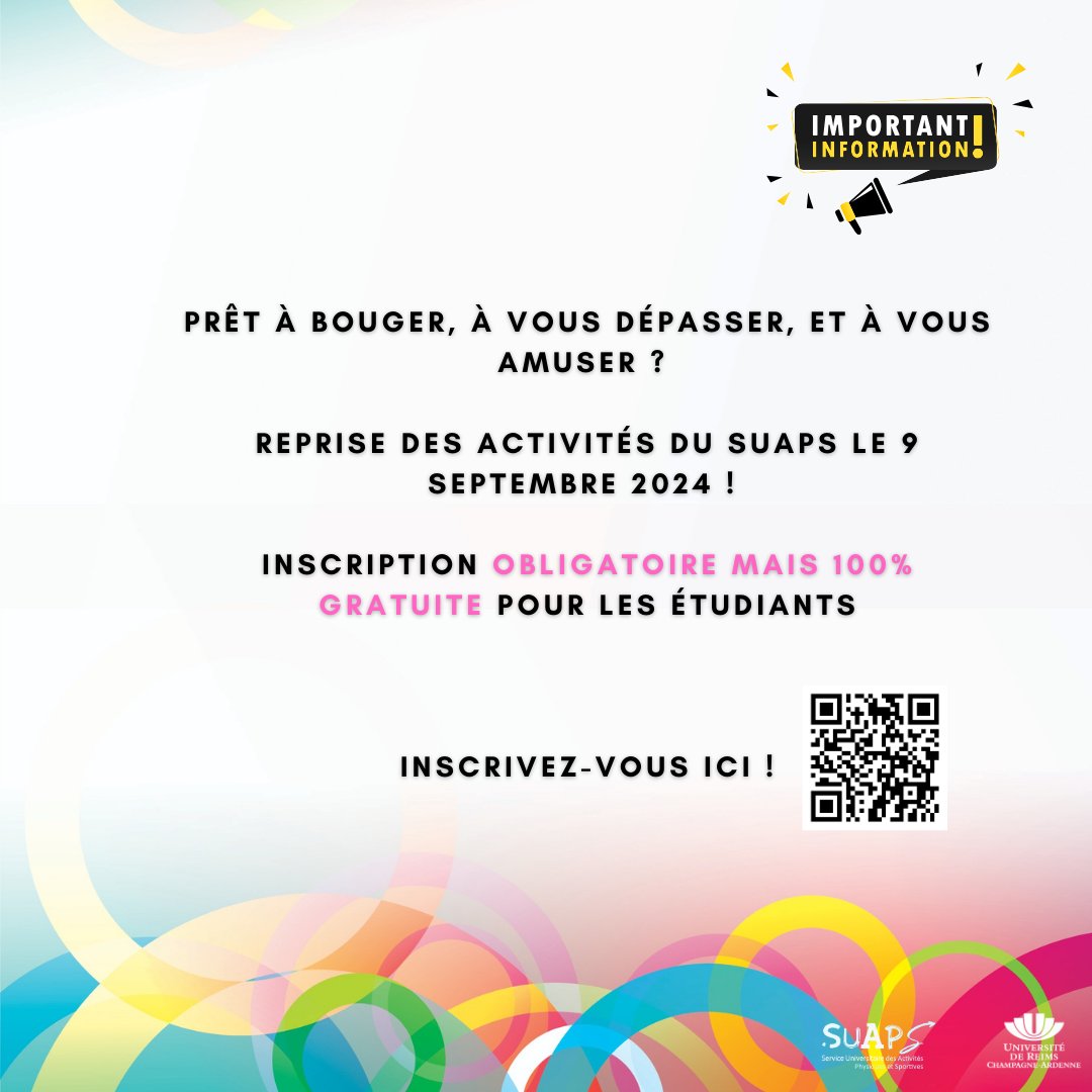 📅 Reprise du SUAPS le 9 septembre 2024 ! 🎉

Nouveautés :
🎓 Gratuit pour les étudiants URCA (fin du Pack Sport Campus+)
👥 29€ pour le personnel URCA (sans certificat médical)
Inscription en ligne via notre nouveau site🌐 : univ-reims.fr/suaps/