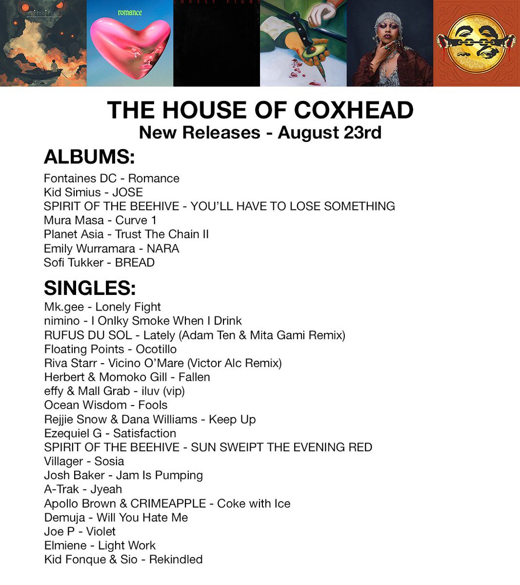 🚨 NEW MUSIC FRIDAY! 🚨

Fontaines DC
Mk.gee
nimino 
Floating Points
Adam Ten &amp; Mita Gami
SPIRIT OF THE BEEHIVE
Emily Wurramara
Riva Starr
Mall Grab
Herbert &amp; Momoko Gill
Planet Asia
Ocean Wisdom
+++