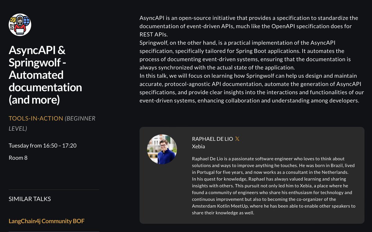 RaphaelDeLio's tweet image. I will be delivering my AsyncAPI &amp;amp; Springwolf talk once again. This time at Devoxx Belgium. This is the same talk I delivered at Spring IO 2024. Hope to see you all there!

devoxx.be/talk/?id=1609

cc #springwolf #springboot #java #kotlin @Devoxx #Devoxx @sseraphini @AsyncAPISpec