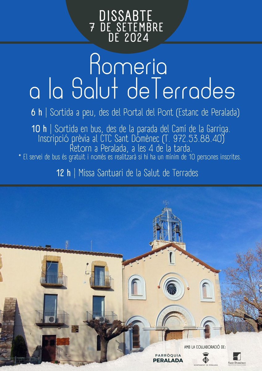 ⛪️ Com cada any, el primer dissabte de setembre, Peralada organitza la Romeria a la Salut de Terrades.
🗓 Dissabte 7 de setembre
⏬️ Tota la informació.