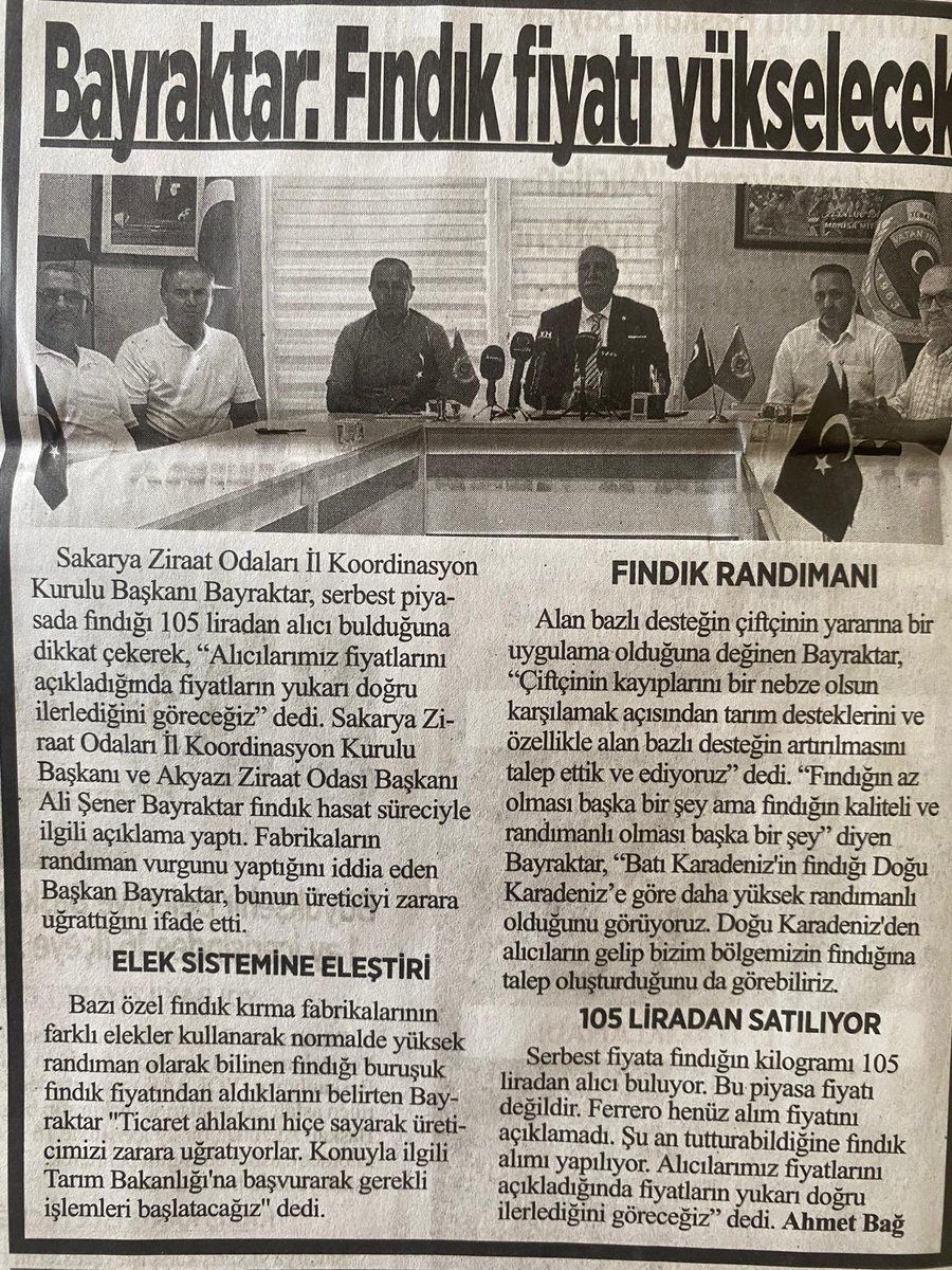 Yönetim Kurulu Başkanımız Sn. Ali Şener BAYRAKTAR’ın fındık kırma fabrikalarının randıman oyunu ile ilgili yaptığı basın açıklaması yazılı ve görsel basında geniş yer aldı.
Akyazı Ziraat Odası Başkanlığı