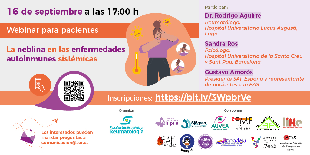 Soc.Esp.Reumatología (@sereumatologia) on Twitter photo 🗓️ El próximo 16 de septiembre tendrá lugar un nuevo #webinar "La neblina en las enfermedades autoinmunes sistémicas", que hemos organizado junto a diferentes asociaciones de pacientes.
💯 Contaremos con el Dr. Rodrigo Aguirre, <a href="/SandraRosPsico/">Sandra Ros Psicologa</a>, psicóloga, y Gustavo Amorós, 🗓️ El próximo 16 de septiembre tendrá lugar un nuevo #webinar "La neblina en las enfermedades autoinmunes sistémicas", que hemos organizado junto a diferentes asociaciones de pacientes.
💯 Contaremos con el Dr. Rodrigo Aguirre, <a href="/SandraRosPsico/">Sandra Ros Psicologa</a>, psicóloga, y Gustavo Amorós,