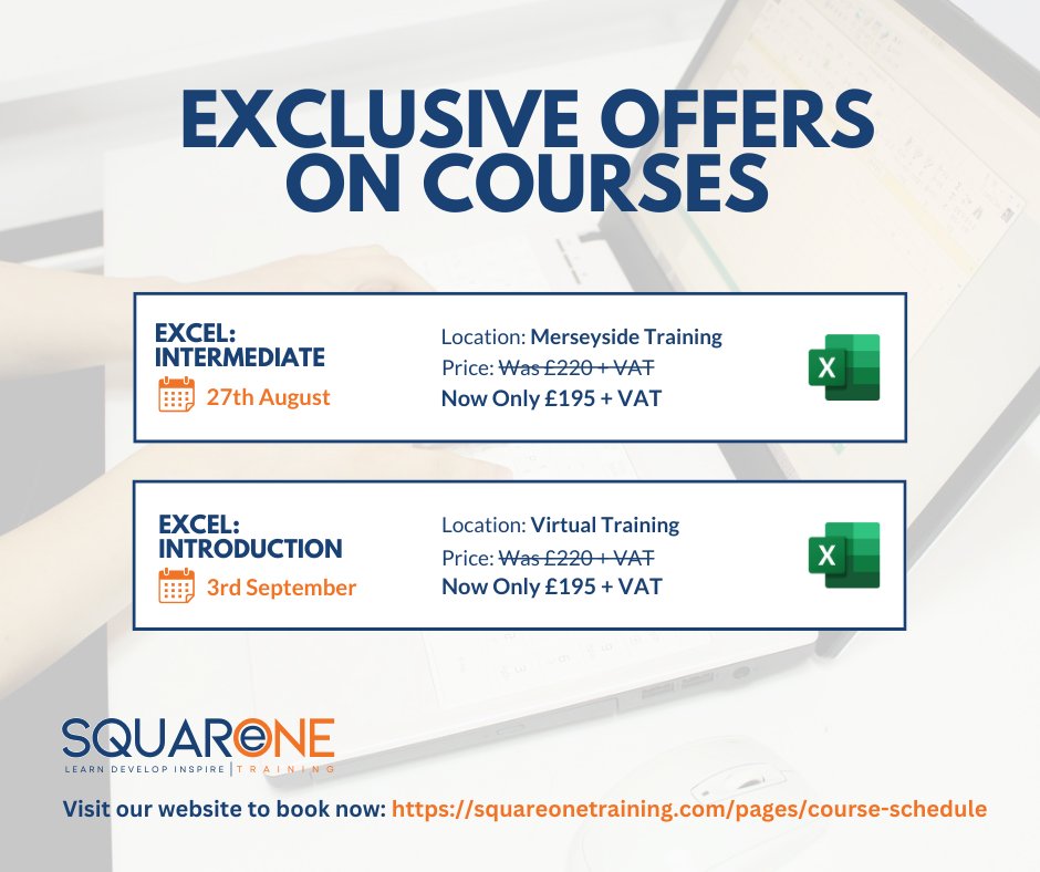 SQOneTraining's tweet image. Exclusive offers on courses!

Fancy improving your Excel knowledge by joining our discounted Excel Introduction or Intermediate course?

Check out our full course schedule: squareonetraining.com/pages/course-s…

#ExcelTraining #Excelcourses #exceltutorial #exceltips