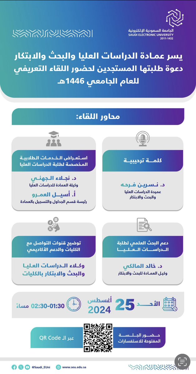 يسر عمادة الدراسات العليا والبحث والابتكار بالجامعة السعودية الإلكترونية دعوة طلبة الدراسات العليا لحضور اللقاء التعريفي ..
وذلك يوم الأحد الموافق ٢٥ أغسطس ٢٠٢٤