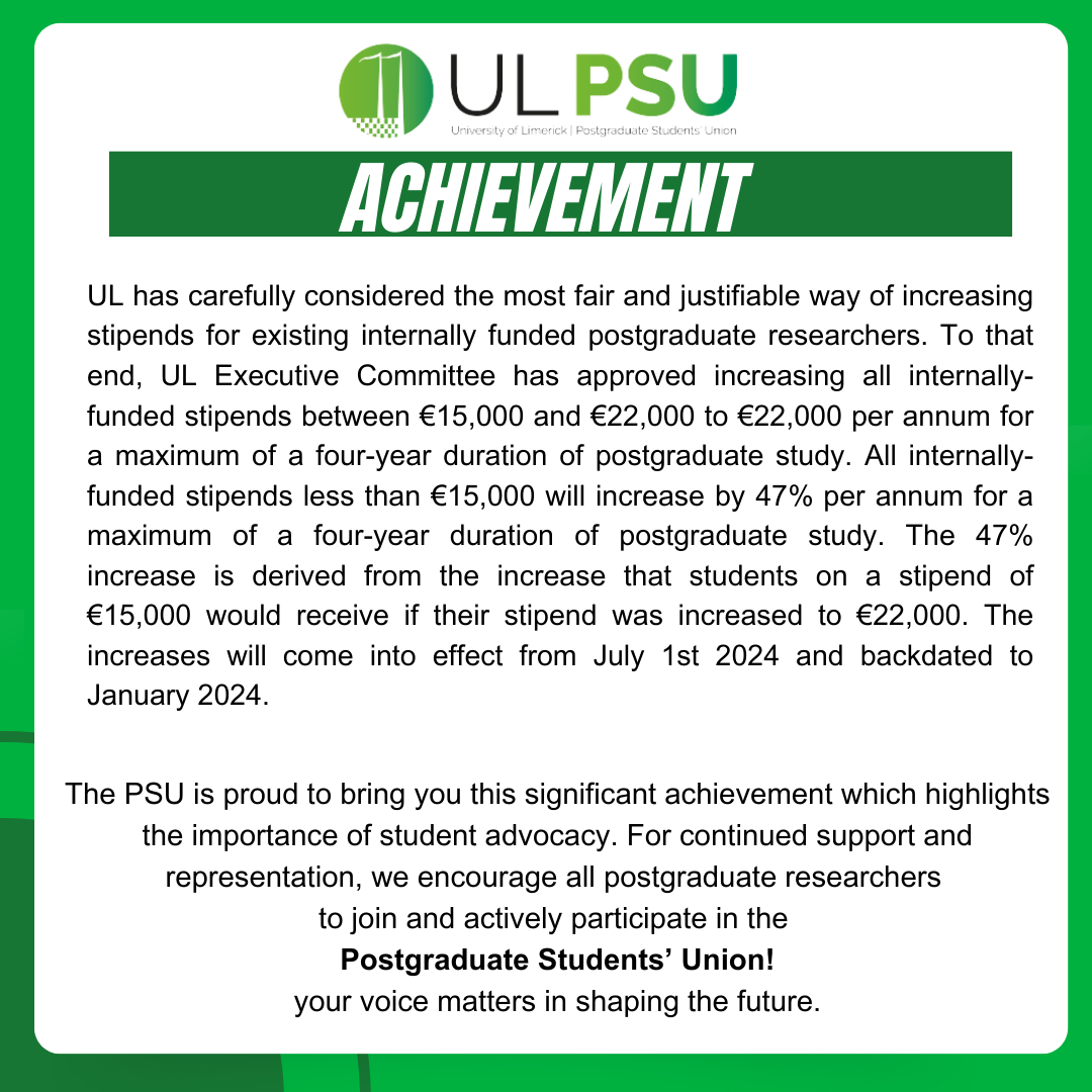 ULPSU (@ulpsu) on Twitter photo The increase in stipends for existing internally funded <a href="/UL/">University Of Limerick</a> postgraduate researchers will make a significant difference. Thank you <a href="/DocCollegeUL/">University of Limerick Doctoral College</a> for your great work! The increase in stipends for existing internally funded <a href="/UL/">University Of Limerick</a> postgraduate researchers will make a significant difference. Thank you <a href="/DocCollegeUL/">University of Limerick Doctoral College</a> for your great work!