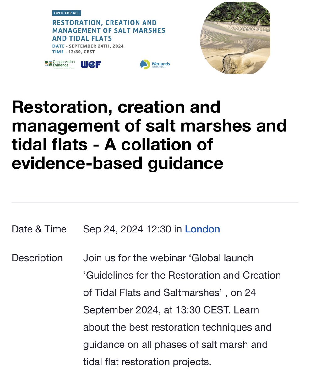 Launch of the Guidelines for the Restoration, Creation, and Management of Saltmarshes and Tidal Flats. Webinar 24th September, 12:30-13:30 BST
 
Registration bit.ly/3X7E2yI