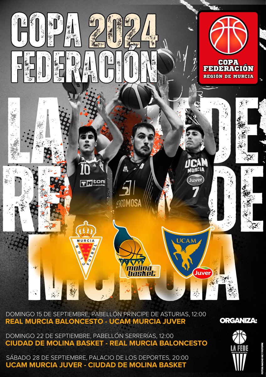 🏆 Copa Federación 2024 🏆

🗓️ 15/09: <a href="/RMUBaloncesto/">Real Murcia Baloncesto</a> - <a href="/UCAMMurcia/">UCAM Murcia</a> Juver
🗓️ 22/09: <a href="/molinabasket/">Ciudad Molina Basket</a> - Real Murcia Bto.
🗓️ 28/09: UCAM Murcia Juver - Molina Basket

Toda la info ℹ️👇🏼

fbrm.org/noticia-13-289…