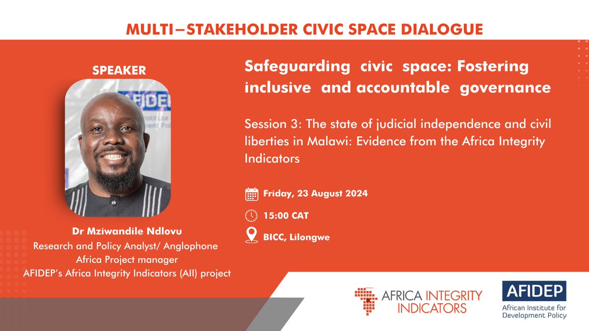 AFIDEP (@afidep) on Twitter photo AFIDEP's Research and Policy Analyst, and Anglophone Africa Project Manager for the Africa Integrity Indicators, <a href="/Thwalimbiza/">Mziwandile Ndlovu, Ph.D</a>, will present on the state of judicial independence and civil liberties in Malawi.
The presentation will be based on findings from the Africa Integrity AFIDEP's Research and Policy Analyst, and Anglophone Africa Project Manager for the Africa Integrity Indicators, <a href="/Thwalimbiza/">Mziwandile Ndlovu, Ph.D</a>, will present on the state of judicial independence and civil liberties in Malawi.
The presentation will be based on findings from the Africa Integrity