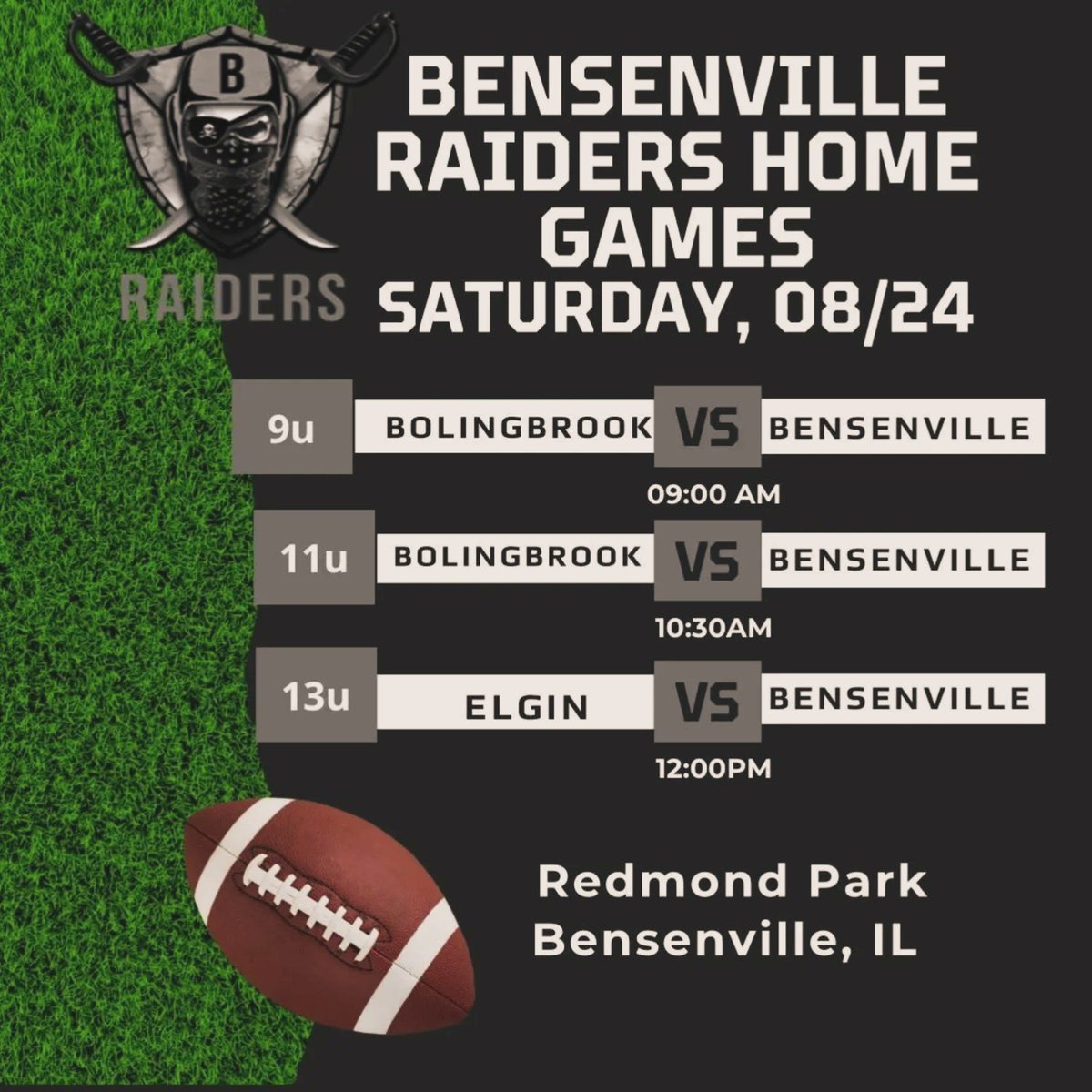 YES!!! SEASON OPENER!! NEW LEAGUE, NEW SEASON!!! #LETGO!!!! 
Home opener this weekend at Redmond Park. Come out <a href="/BensenvilleIL/">Bensenville, IL</a>.il and <a href="/CityofWoodDale/">City of Wood Dale</a>  come out and support the kids of your community. Come show your support of our Cheer and Football team!!!! #RaiderNation