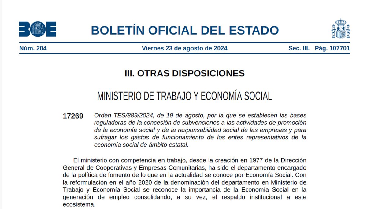 📢 <a href="/empleogob/">Ministerio Trabajo y Economía Social</a> ha mejorado la normativa para las ayudas a las #EconomíaSocial y la Responsabilidad Social de las Empresas.  

🗓 En breve se publicará la nueva convocatoria de subvenciones para incentivar estas entidades, que avanzan en innovación y generan trabajo decente.