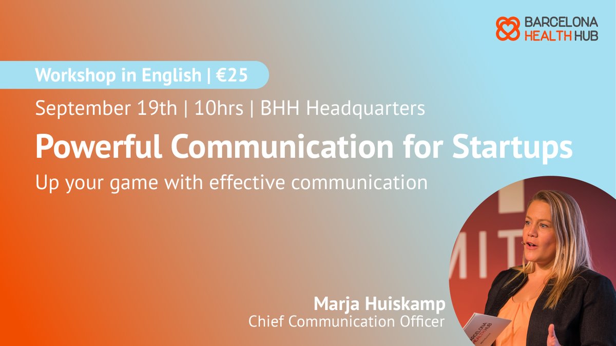 🚀 Startups, do you want to supercharge your communication? Join the workshop on 'Powerful Communication for Startups'. Learn to enhance your pitch, boost visibility &amp; master social media with BHH's <a href="/MarjaHuiskamp/">Marja Huiskamp</a>.
📅 September 19
📍 The Hub
Sign up now👉barcelonahealthhub.com/en/news/powerf…