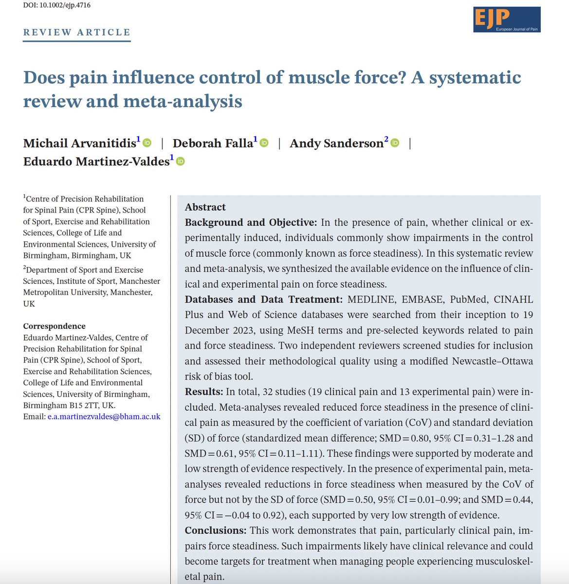 Michail Arvanitidis (@michalis_arv) on Twitter photo I am excited to share that the final study of my PhD has just been published in the European Journal of Pain!
Thank you to my amazing supervisors <a href="/mredumartinez/">Eduardo Martinez-Valdes</a> <a href="/Deb_Falla/">Deborah Falla</a> and my colleague <a href="/AndyCSanderson/">Andy Sanderson</a> for their invaluable contributions!
Full text: onlinelibrary.wiley.com/doi/full/10.10… I am excited to share that the final study of my PhD has just been published in the European Journal of Pain!
Thank you to my amazing supervisors <a href="/mredumartinez/">Eduardo Martinez-Valdes</a> <a href="/Deb_Falla/">Deborah Falla</a> and my colleague <a href="/AndyCSanderson/">Andy Sanderson</a> for their invaluable contributions!
Full text: onlinelibrary.wiley.com/doi/full/10.10…