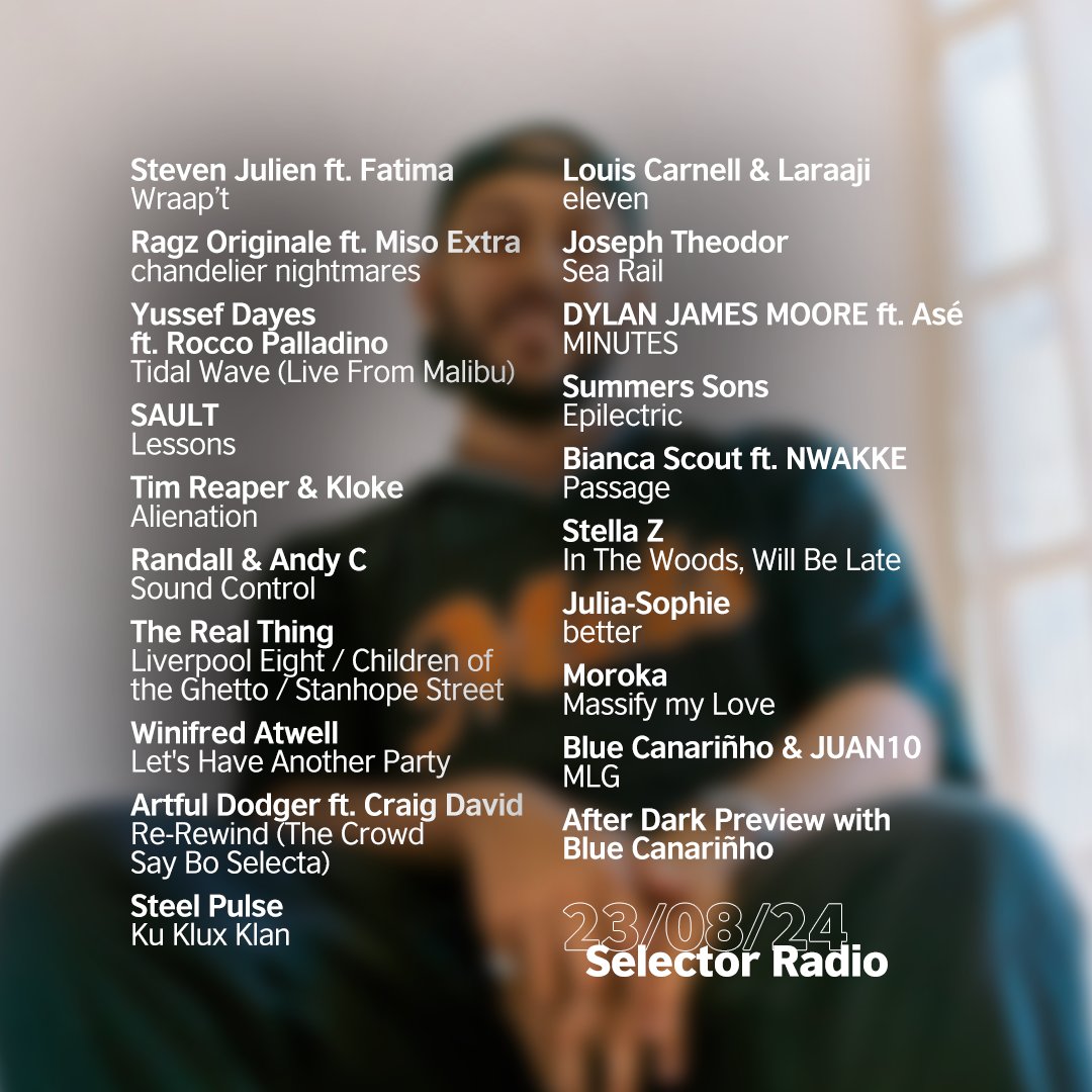 Mo Ayoub (<a href="/soundslikemo_/">MO</a>) returns to Selector Radio!

🏛️ He chats to Doctor <a href="/Aleemagray/">Dr Aleema Gray</a> about the 'Beyond The Bassline' exhibition
🛁 Nikki Tesla shares a track in the Tastemaker Tip
🎛️ <a href="/bluecanarinho/">BLUE****</a> goes full throttle in the After Dark

🎧 Listen here: linktr.ee/selectorradio