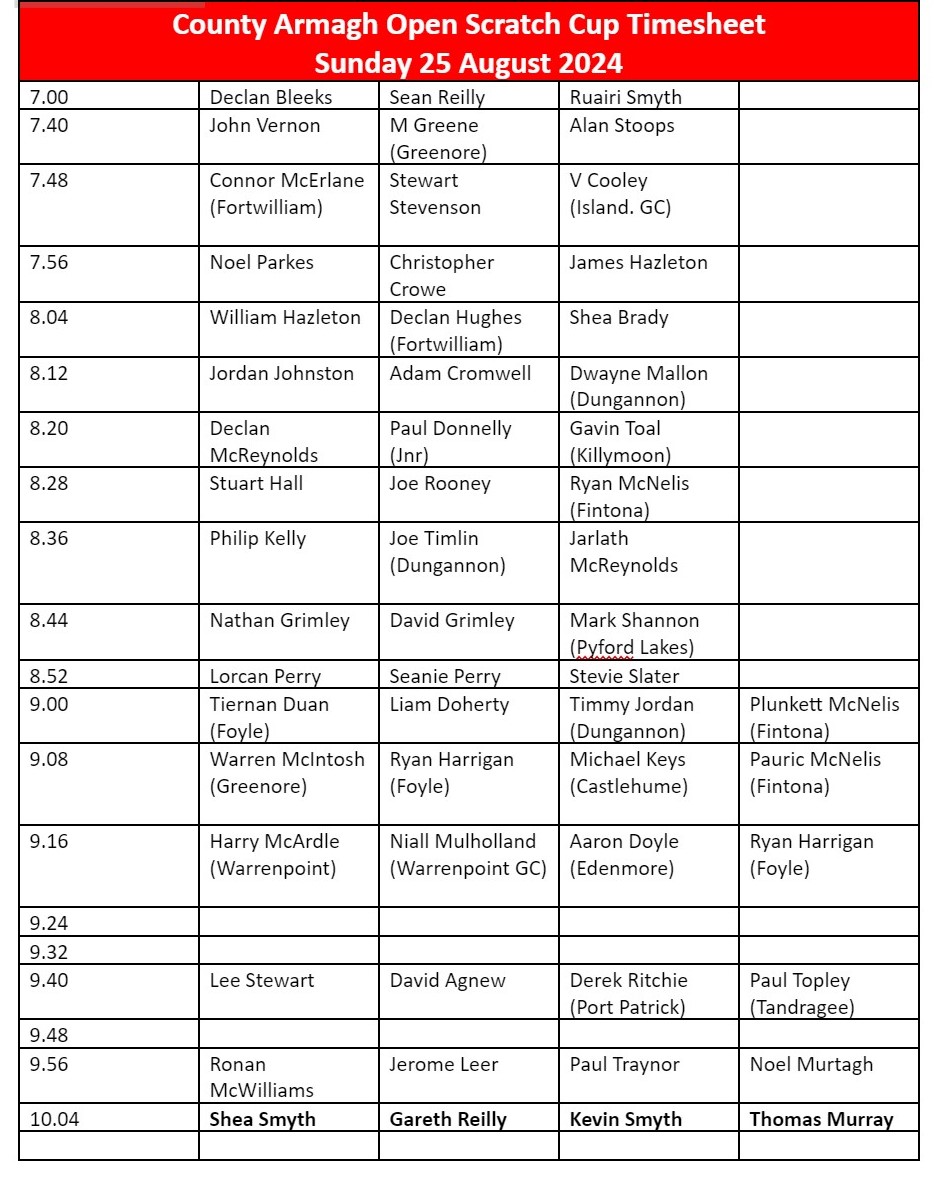 <a href="/ArmaghCo/">CoArmaghGolfClub</a> Timesheet for this weekends Scratch Cup.
There are still a number of places available, if you wish to enter contact either the Pro Shop 028 3752 5864 or Nathan Grimley at nathangrimley1991@gmail.com
<a href="/LurganGC/">Lurgan Golf Club</a> <a href="/concrawood/">Concra Wood</a> <a href="/PortadownGC/">Portadown Golf Club</a> <a href="/TandrageeGC/">tandragee golf club</a> <a href="/banbridgegolf/">Banbridge Golf Club</a>
