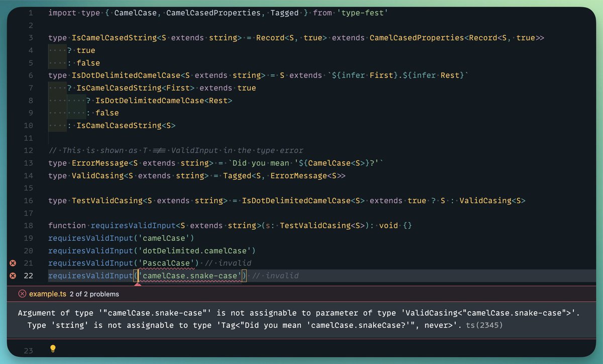 I fucking love #Typescript! A bit of help from type-fest and template literals...🪄 you've built a string format validation with helpful errors, at compile time 🤯

PR for github.com/sindresorhus/t… in 3...2...1...

Any way you can benchmark types for testing performance?