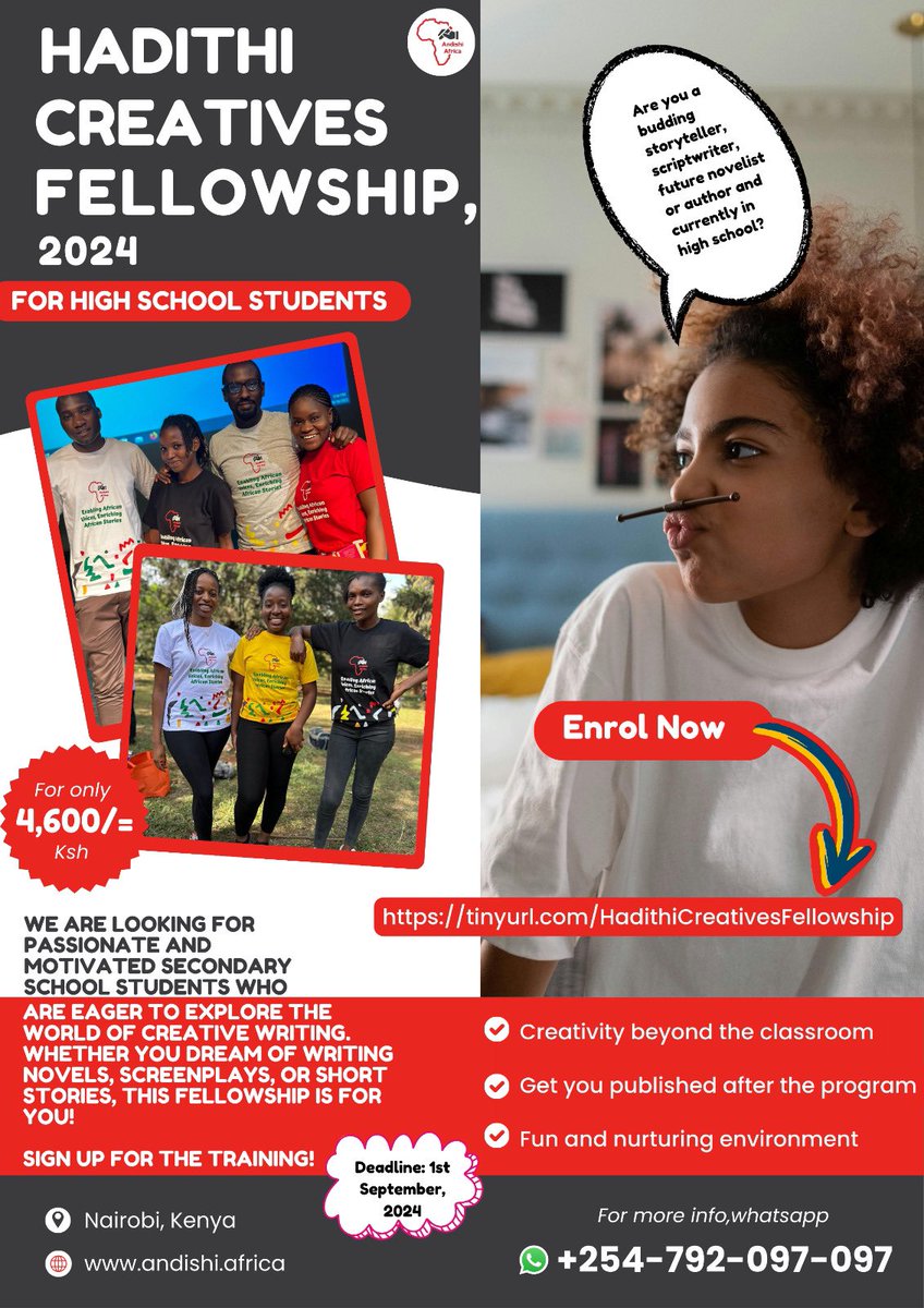 AndishiAfrica's tweet photo. A high school student?
Are you a budding storyteller, scriptwriter, future novelist and author?
Do you have a passion for creative writing and want to hone your skills?
The Hadithi Creatives Fellowship, a program by Andishi Africa, is your gateway to becoming the next great name in African literature and storytelling!
Find out more while signing up through this URL :
https://t.co/sh5gtme9tm