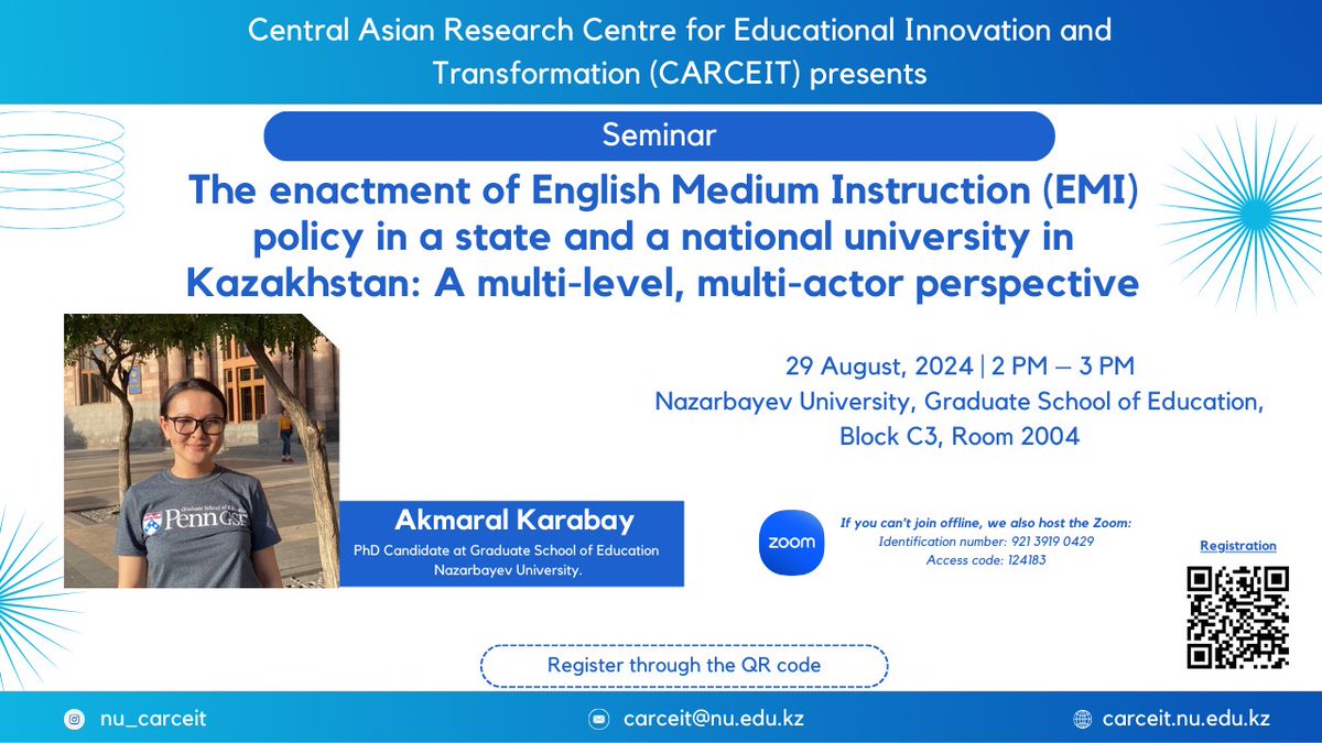 Join us for a seminar with Akmaral Karabay on EMI policy in Kazakhstani universities. 

📅 Date: August 29, 2024
🕒 Time: 14:00-15:00
📍 Location: Nazarbayev University, Block C3, Room 2004

Details: linkedin.com/posts/nu-carce…