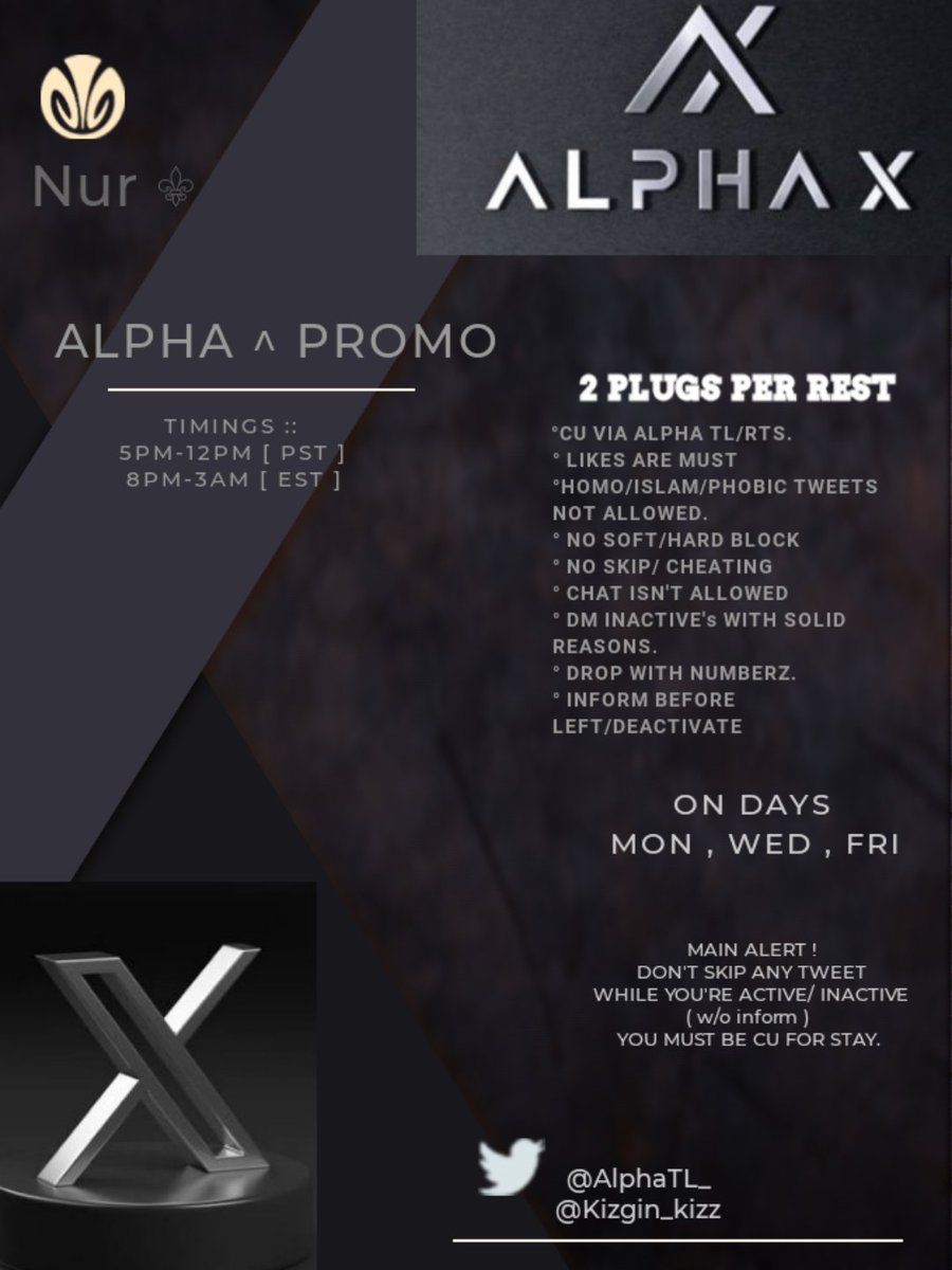 ALPHA STRICT PROMO GC is RECRUITING 🏳️ 
⁃ 50-60 likes guaranteed 
⁃ 2 Plugs Per Rest
⁃ FB <a href="/AlphaTL_/">A L P H 𝕏</a> , <a href="/Kizgin_kizz/">Nur</a>
Rt and reply your @ to be added.