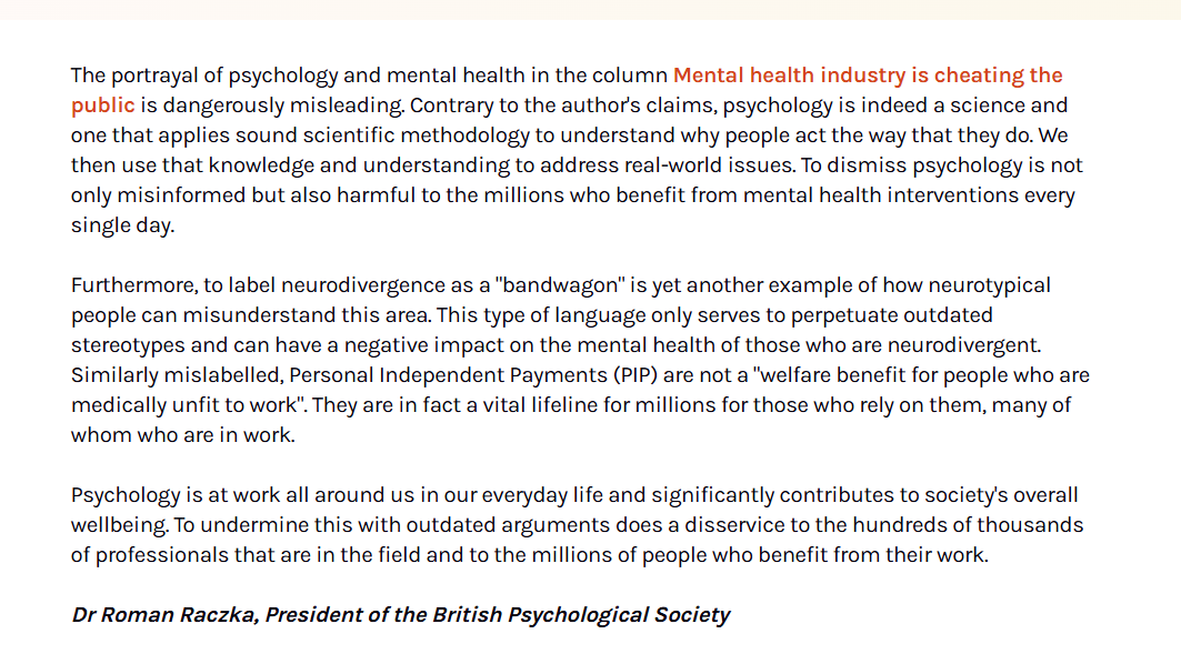 A necessary rebuttal to the egregious and irresponsible <a href="/thetimes/">The Times and The Sunday Times</a> article that claims the “#MentalHealth industry is cheating the public”.

Here the president of the #BritishPsychologicalSociety <a href="/BPSOfficial/">British Psychological Society</a> Dr Roman Raczka <a href="/romanpsych/">Dr Roman Raczka</a> responds...👇🏾

bps.org.uk/news/bps-respo…