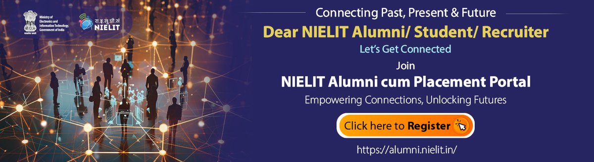 Dear NIELIT Alumni/Student/Recruiter, Lets get connected by joining our NIELIT Alumni cum Placement Portal. To register, Click: alumni.nielit.in
<a href="/NIELITIndia/">NIELIT</a> <a href="/GoI_MeitY/">Ministry of Electronics & IT</a>