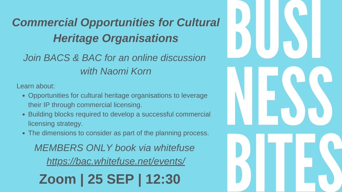 BACS (@busarchscot) on Twitter photo Our September Business Bites session with <a href="/_BusinessArch/">BAC</a> is now open to BACS/BAC members for bookings bac.whitefuse.net/events/busines…
We're delighted to have <a href="/NKorn/">Naomi Korn: Copyright & Data Protection</a> speaking about successful strategies for cultural heritage organisations to manage their IP for commercial opportunities Our September Business Bites session with <a href="/_BusinessArch/">BAC</a> is now open to BACS/BAC members for bookings bac.whitefuse.net/events/busines…
We're delighted to have <a href="/NKorn/">Naomi Korn: Copyright & Data Protection</a> speaking about successful strategies for cultural heritage organisations to manage their IP for commercial opportunities