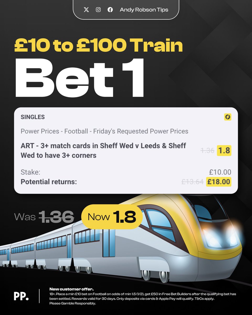 🚂 Bet 1 | £10 to £100 Train Challenge 

Load the bet: bit.ly/100-Train-B1

Join Paddy Power to get exclusive odds you won't find elsewhere.

Claim here: bit.ly/50FREE-Claim

You'll also get £50 in Free Bets if you start the Train with £10.

18+, T&amp;Cs Apply. Ad.