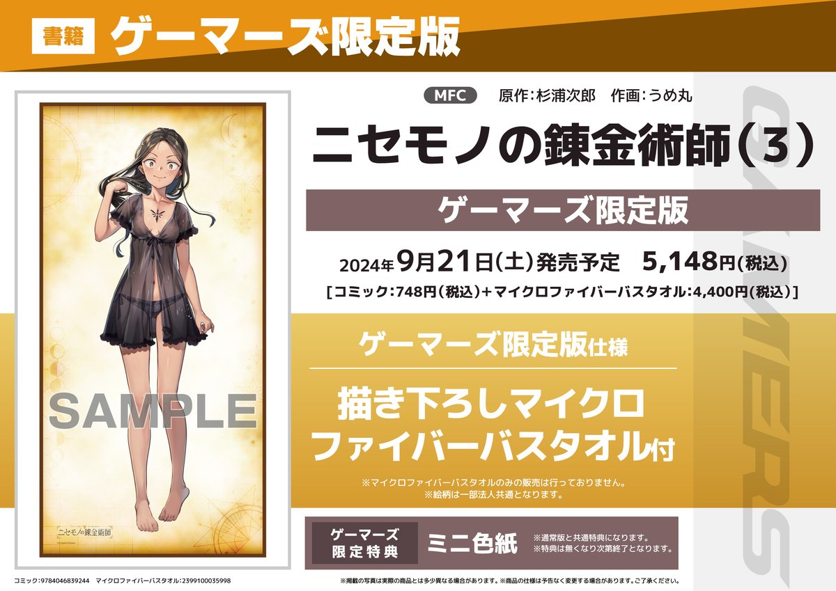 ニセモノの錬金術師 第2巻 ゲーマーズ限定版 ノラ マイクロファイバーバスタオル ゲーマーズ 2巻特典 マイクロファイバーバスタオル 未開封