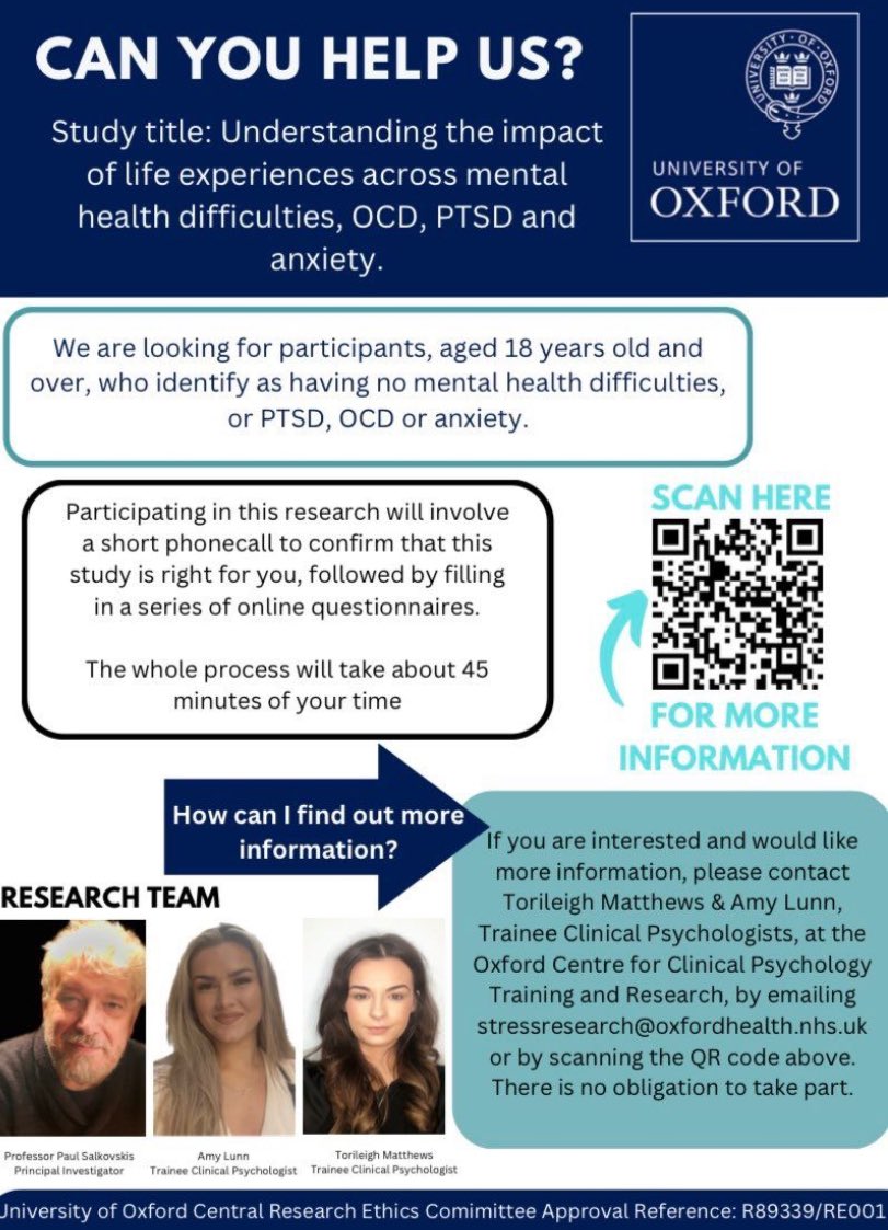 🚨 Do you have #OCD or #Anxiety ? We want to hear from you! ✉️ email us at stressresearch@oxfordhealth.nhs.uk to hear more or take part. 

No formal diagnosis needed! Please help us complete #psychologicalresearch 🧠! 

We will share all findings upon study completion.